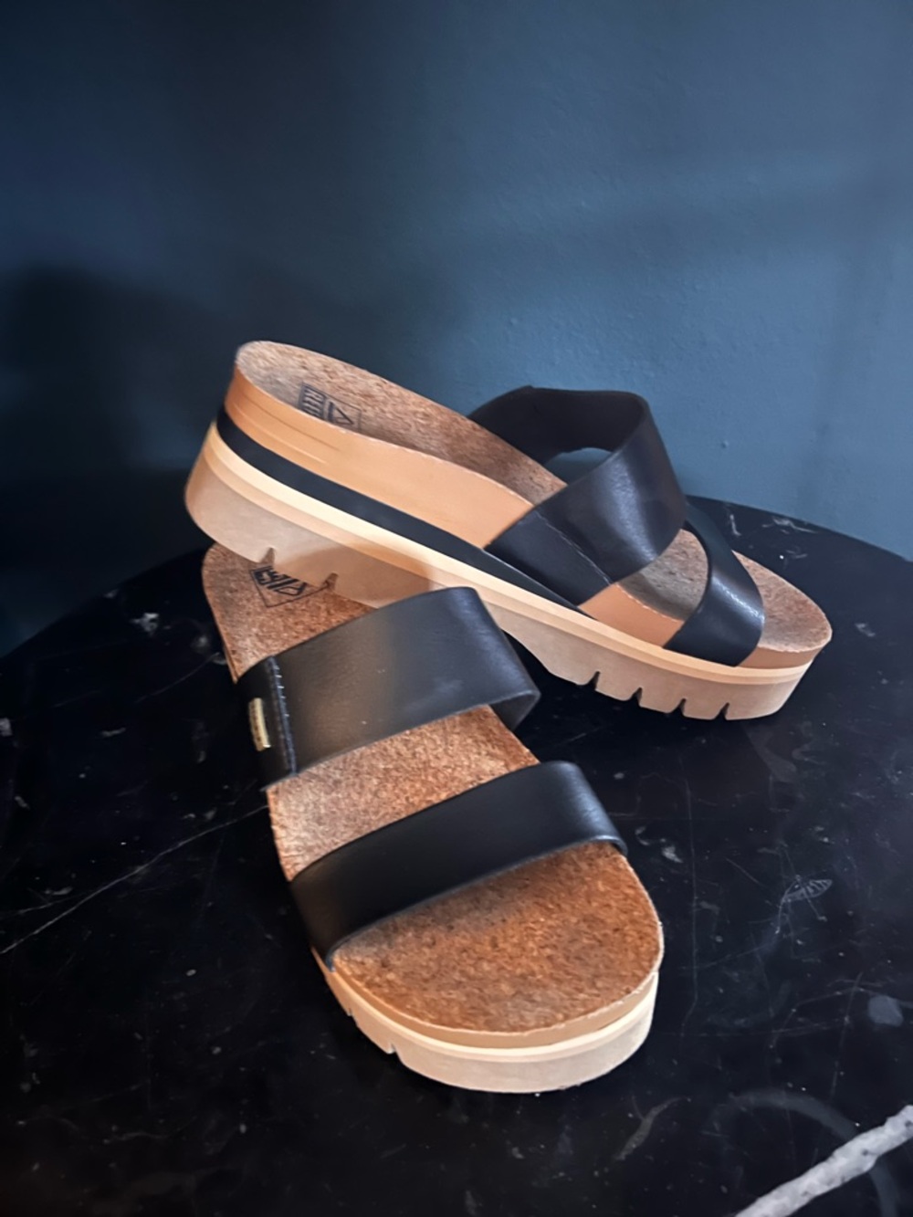 Reef Black Double-Strap Platform Sandals with Tan Sole - Picture 3 of 14